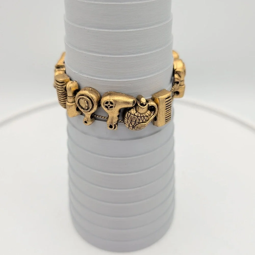 Vintage Gold Tone Hairdresser Salon Stylist Charm Bracelet Comb Mirror Dryer‎